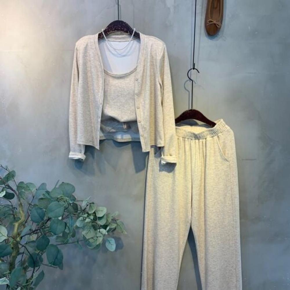 C S In The Room Toki Cap SleeveleSS Long Sleeve Cardigan bandIng Wide pantS Set