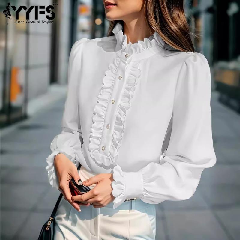 YYFS Women's Fashion Casual Spring Fall Solid Color Print Long Sleeve Stand-Neck Blouses & Shirts