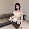 2024 Autumn/Winter Off-the-Shoulder Lace Slit Bell Sleeve Women's Knitted Sweater