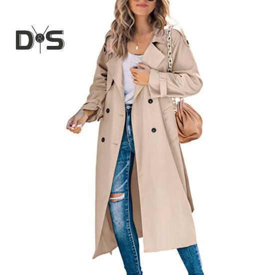 Женский плащ двубортный классический длинный с лацканами ветрозащитный осенне-весенний верхняя одежда куртка для работы и путешествий