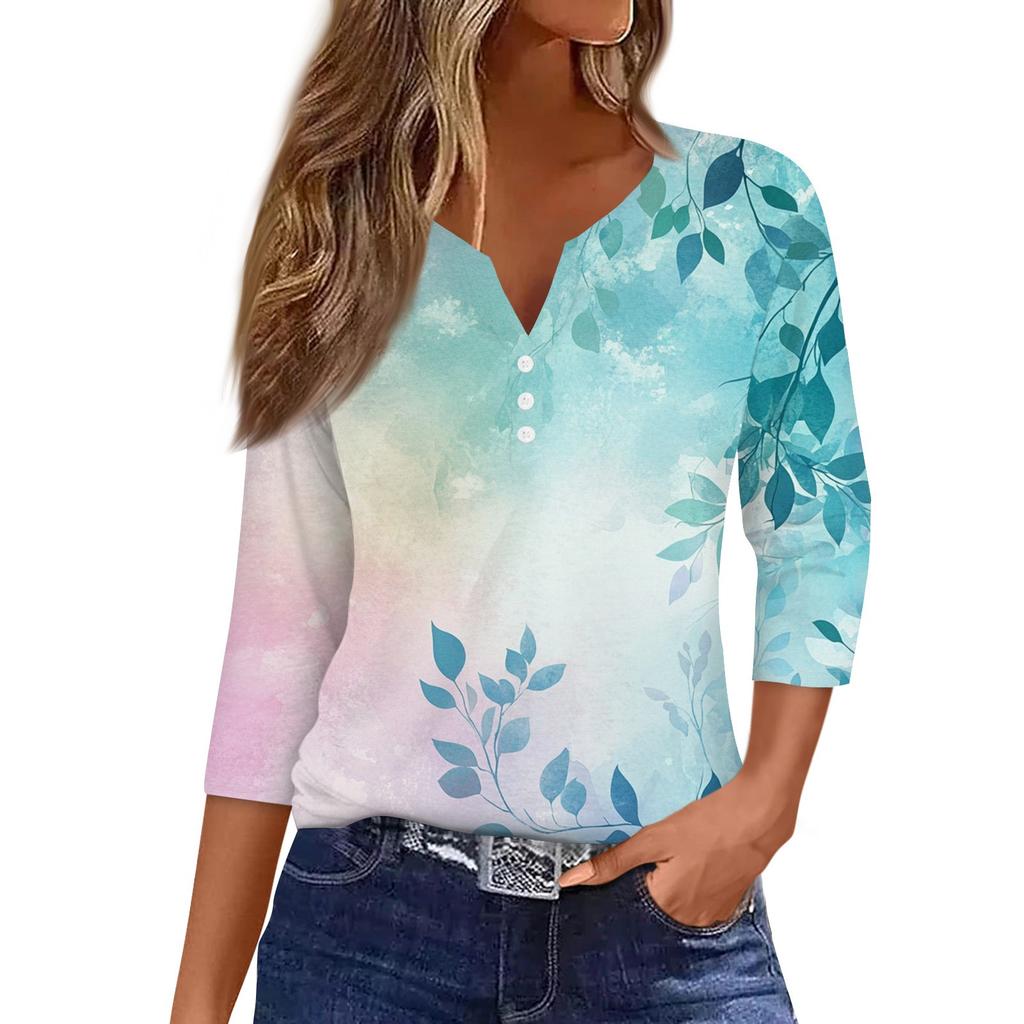 Women's T Shirt Tee Print Button 3/4 Sleeve Daily Weekend Fashion Basic V Neck Regular Top