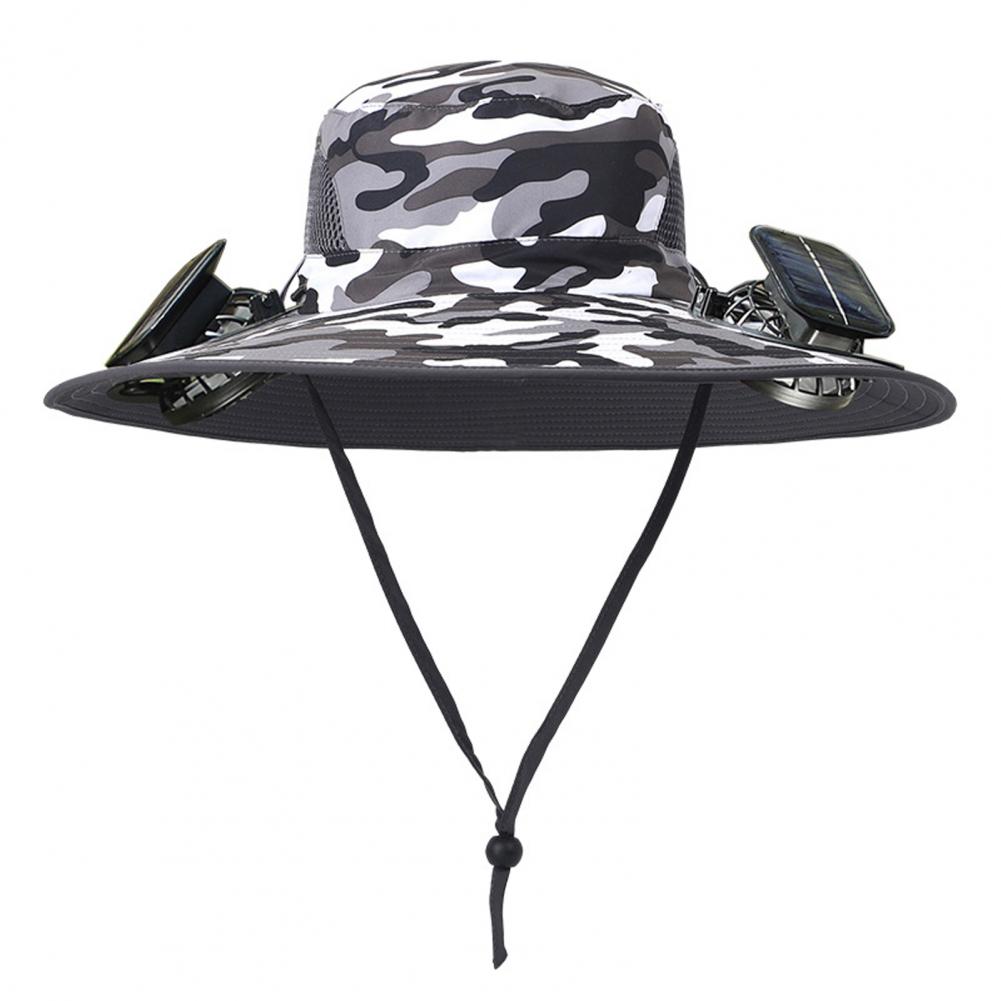 Men Fisherman Hat with Dual Solar Fan Large Brim Windproof Strap USB Charging Anti UV Sunlight Quick Dry Great Breath