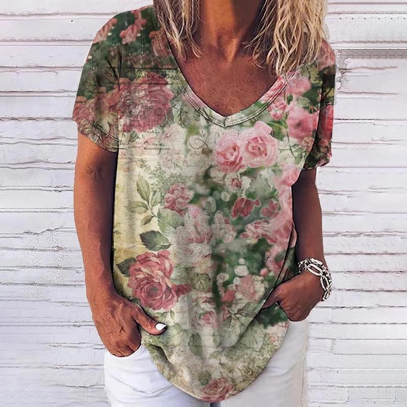 Модная женская футболка с 3d цветочным принтом, топы, футболки с v-образным вырезом и короткими рукавами, женская одежда, летняя футболка большого размера, женская одежда