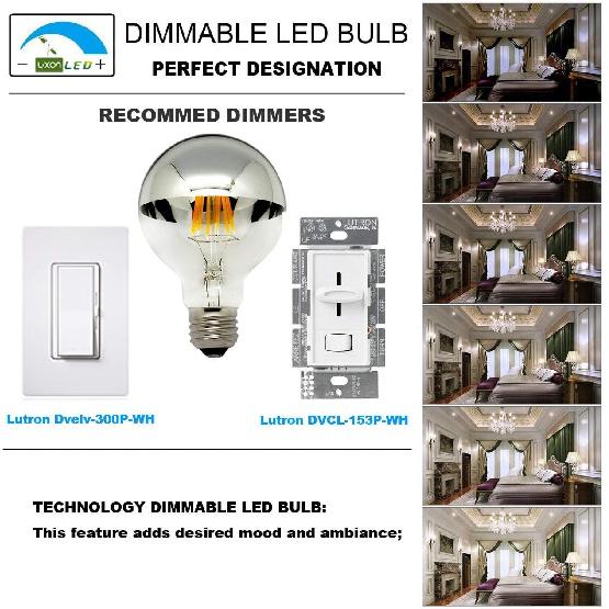 LUXON Half Chrome Light Bulbs,Dimmable,LED Edison Bulbs,Silver Dipped Anti Glare Bulb,Mirror 6W (60W Equivalent) G80/G25 Globe Decorative Light