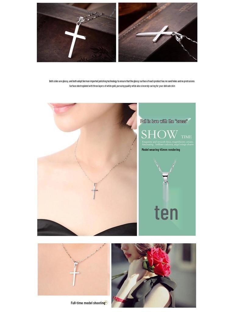S925 Sterling Silver Smooth Cross Pendant Necklace for Men and Women - Versatile Long Sweater Chain