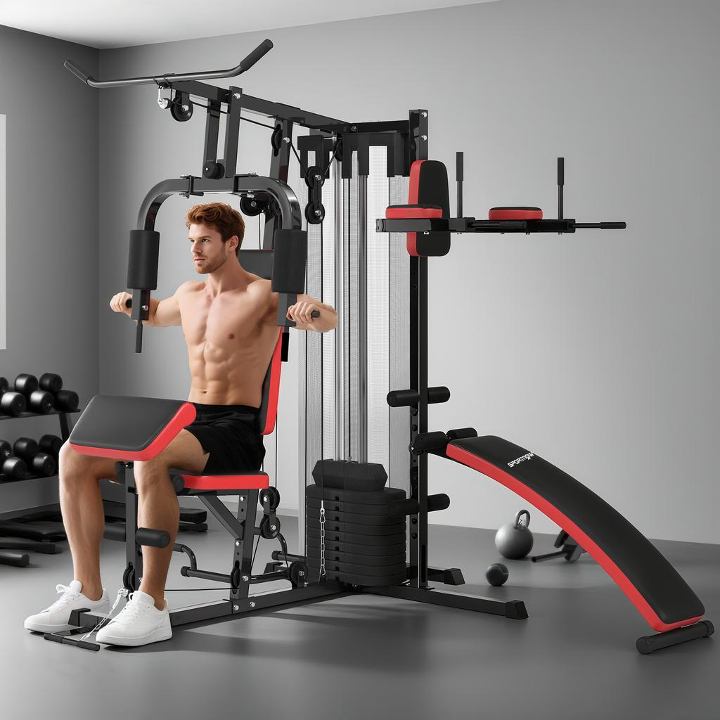 Multi Gym Workout Station, Weight Machine with 65kg Weight Stack, Sit Up Bench, Push Up Stand, Dip Station