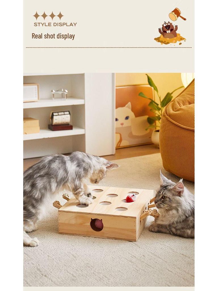 Interactive Solid Wood Cat Whack-a-Mole Toy for Pets and Children