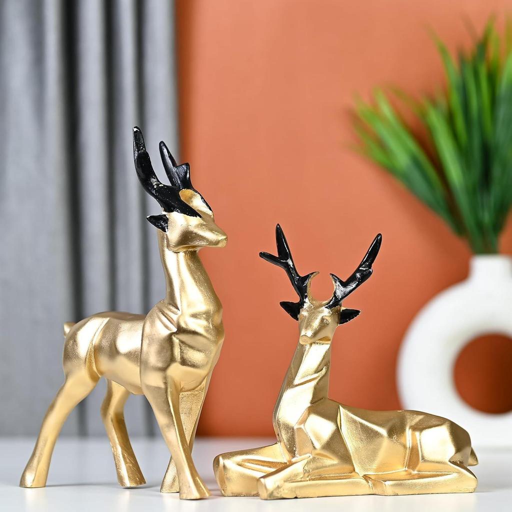 Набор из 2 смоляных скульптур оленей Хиран для домашнего и офисного декора в стиле природы, идеально подходит для любителей природы, прекрасный подарок для друзей и семьи (Золото)
