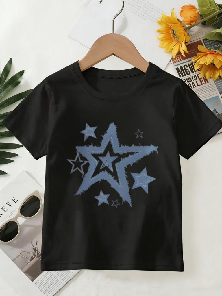 Vintage Distressed Blue Star Graphic Print T Shirt Family Matching Outfit Boys Girls Kids Short Sleeve Children Daily Tees