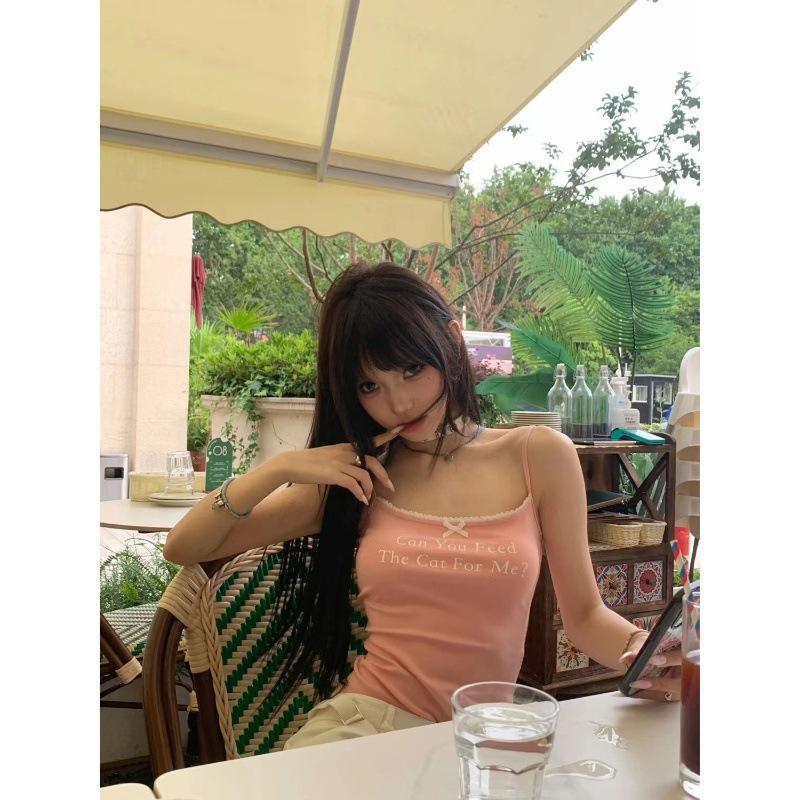 Кружевной жилет-майка в американском стиле с принтом букв - Облегающий, универсальный топ.