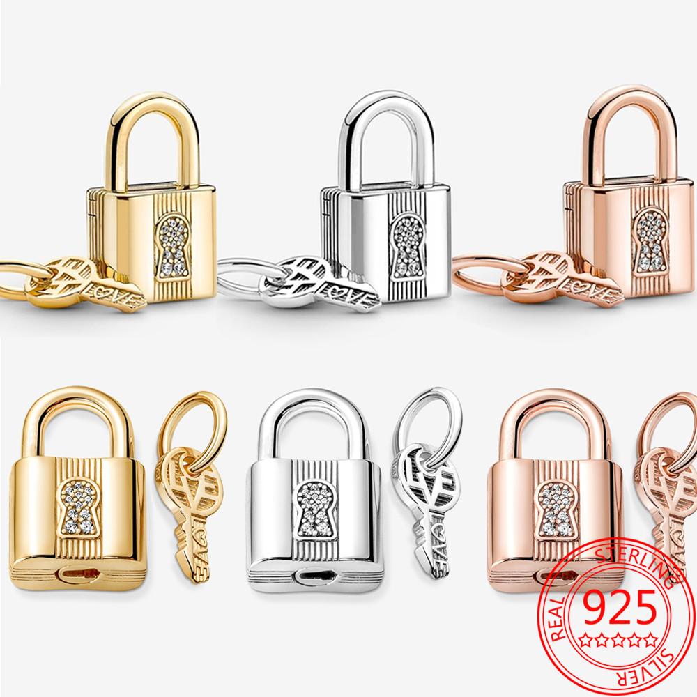 Оригинальный новый трехцветный замок и ключ подвеска шарм подходит модный браслет сделай сам S925 стерлингового серебра шарм женские модные ювелирные изделия