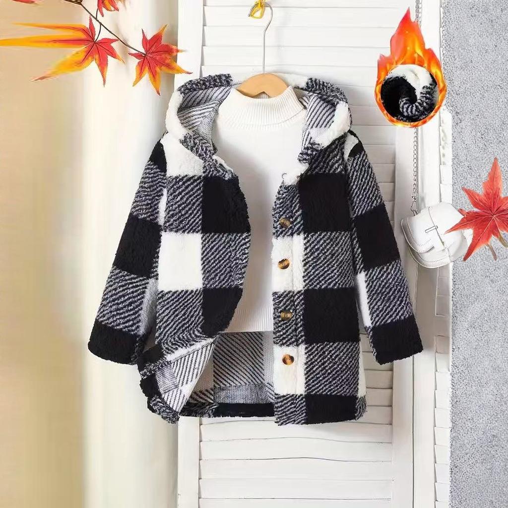 Children's Fashion Plaid Long Sleeved Hooded Plush Warm Jacket