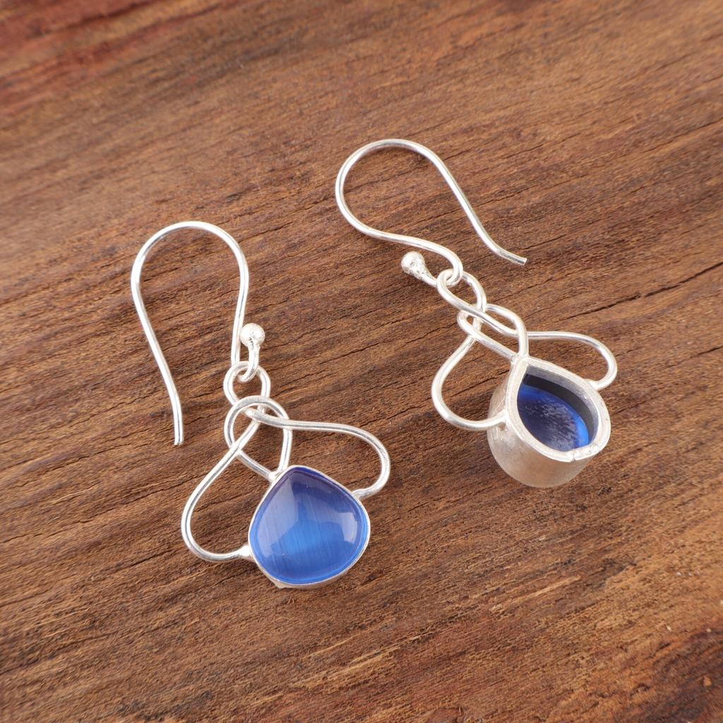 Dark Blue Cat's Eye Gemstone 925 Stamped Silver Jewelry Handmade Earrings 1.50" EE-2-46