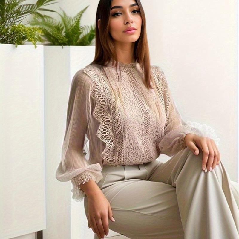 Новый элегантный однотонный сетчатый топ с длинными рукавами и буфами из кружева для женщин
