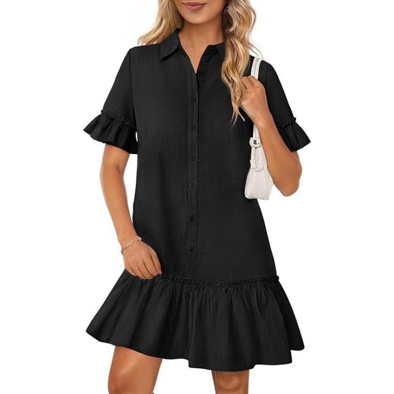 Lapel Collar Full Button Front Shirt Ruffle Straight Loose Shift Dress With Side Pockets Preppy College Style Breathable Vacation Flowy Women Sundress