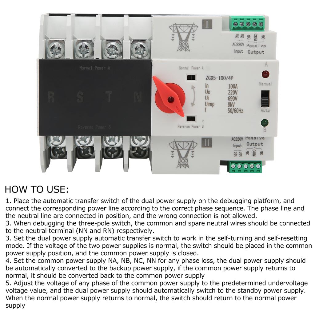 Dual Power Automatic Transfer Switch Circuit Breaker Changeover ZGQ5-100/4P 220V