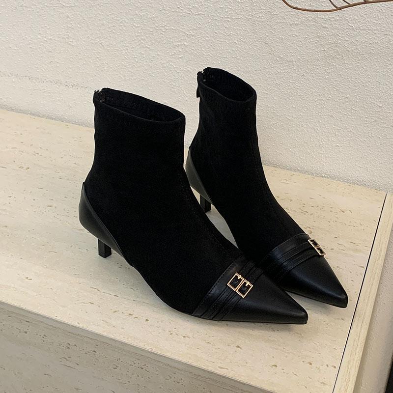 Fashion Fashion Thin Heels Ankle Modern Boots Shoes For Ladies Female Pointed Toe Footwear Flock Women Short Boots Zippers Shoes