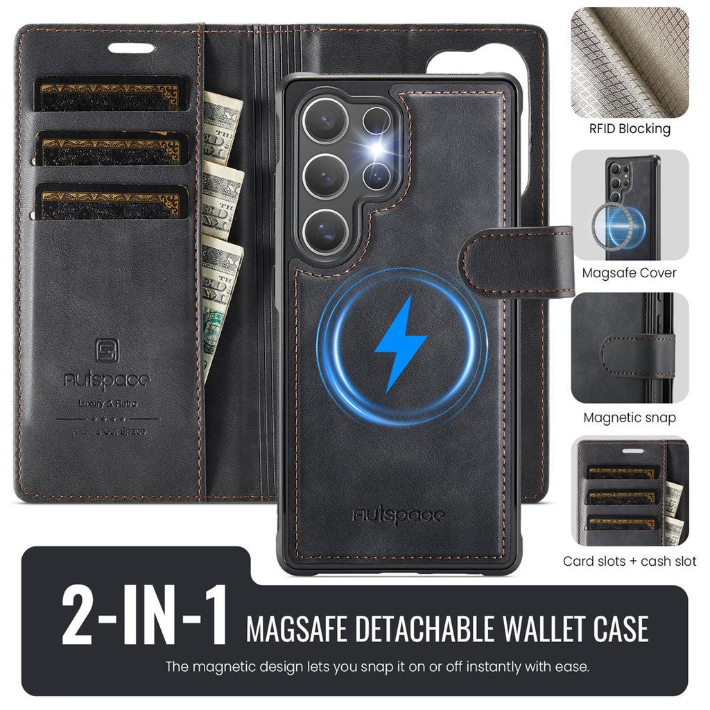 2-in-1 Magnetic Detachable Wallet Case for Samsung Galaxy S25/S25 Plus/S25 Ultra/S25 Edge - PU Leather, Card Slots, Wireless Charging, 360° Protection