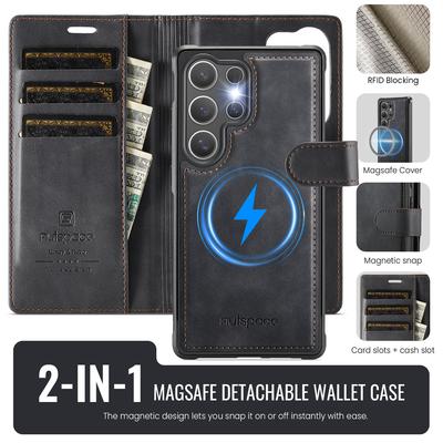 Магнитный отстегивающийся чехол-кошелек 2-в-1 для Samsung Galaxy S24/S24 Plus/S24 Ultra - ПУ кожа, слоты для карт, беспроводная зарядка, защита 360°