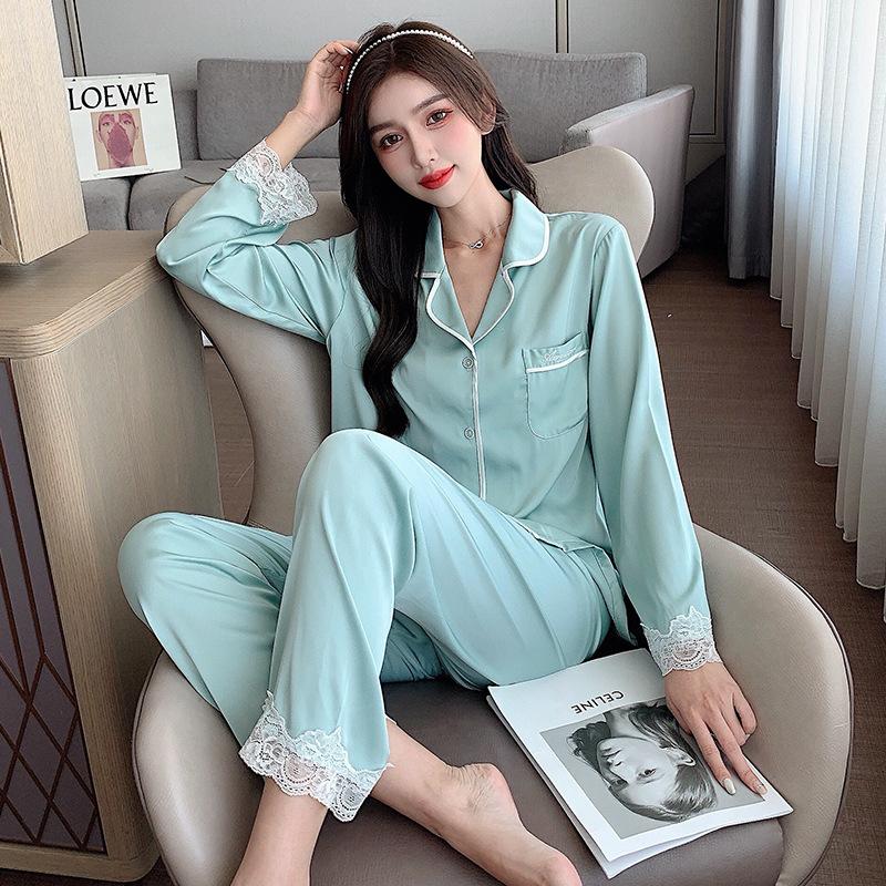Xiaohongshu popular 1011 new spring and autumn long-sleeved thin lace sweet ice silk two-piece loungewear