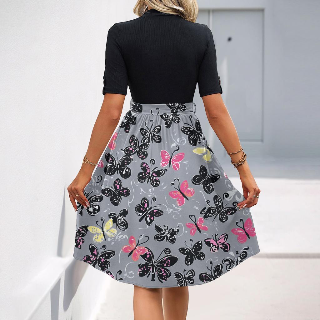 Women's Fashion Casual Belt Short Sleeve Round Neck Floral Elegant Temperament Dress