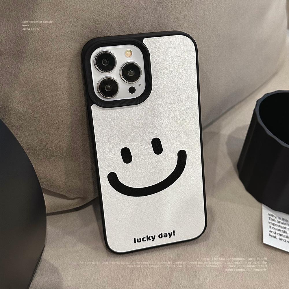 LUCKY Smiling Face Leather Texture Phone Case For iPhone11/12/13/14/15/16/17 Pro Max AIR PLUS Phone Back Covers