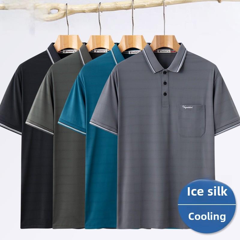 Мужская рубашка-поло Ice Silk с короткими рукавами — быстросохнущая, свободного кроя, для людей среднего и пожилого возраста, модная летняя рубашка