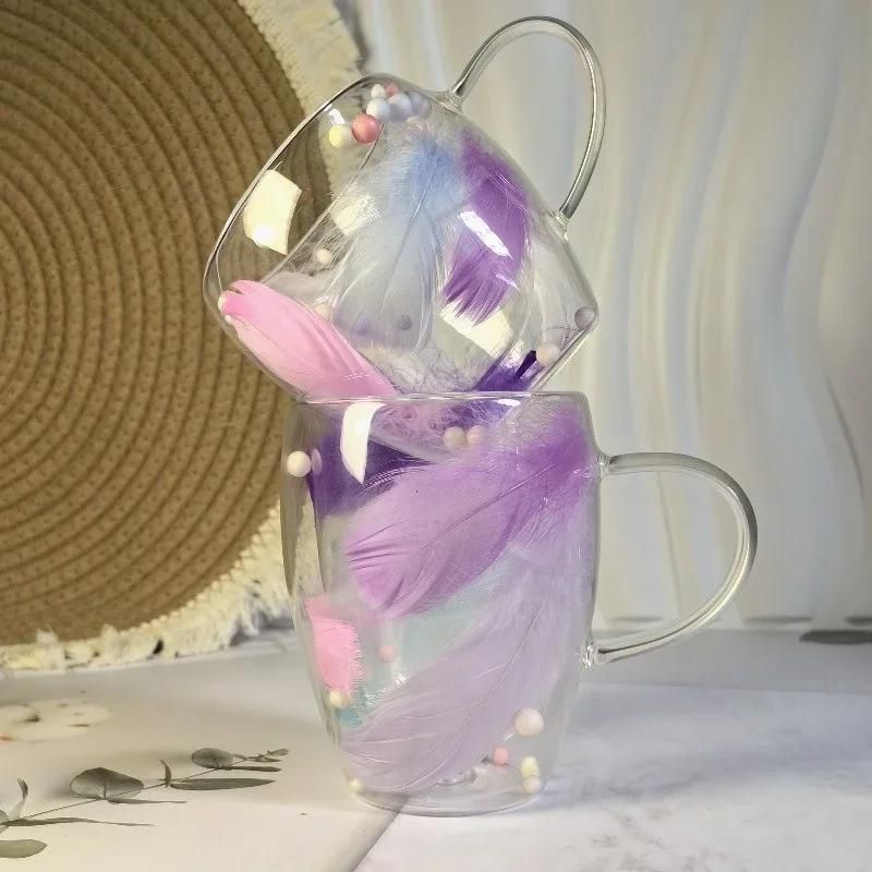 250/350 мл кофейная чашка с рисунком перьев, двухслойная стеклянная кружка, термостойкое кофейное стекло, домашний офис, чашка для йогурта и сока, подарочная чашка