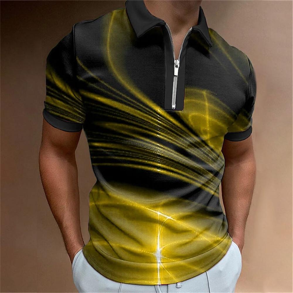 Men's Colorful Striped Printed T-shirt, Zipper, Men's Casual Top, Golf Clothing, Simple and Fashionable Polo, Summer