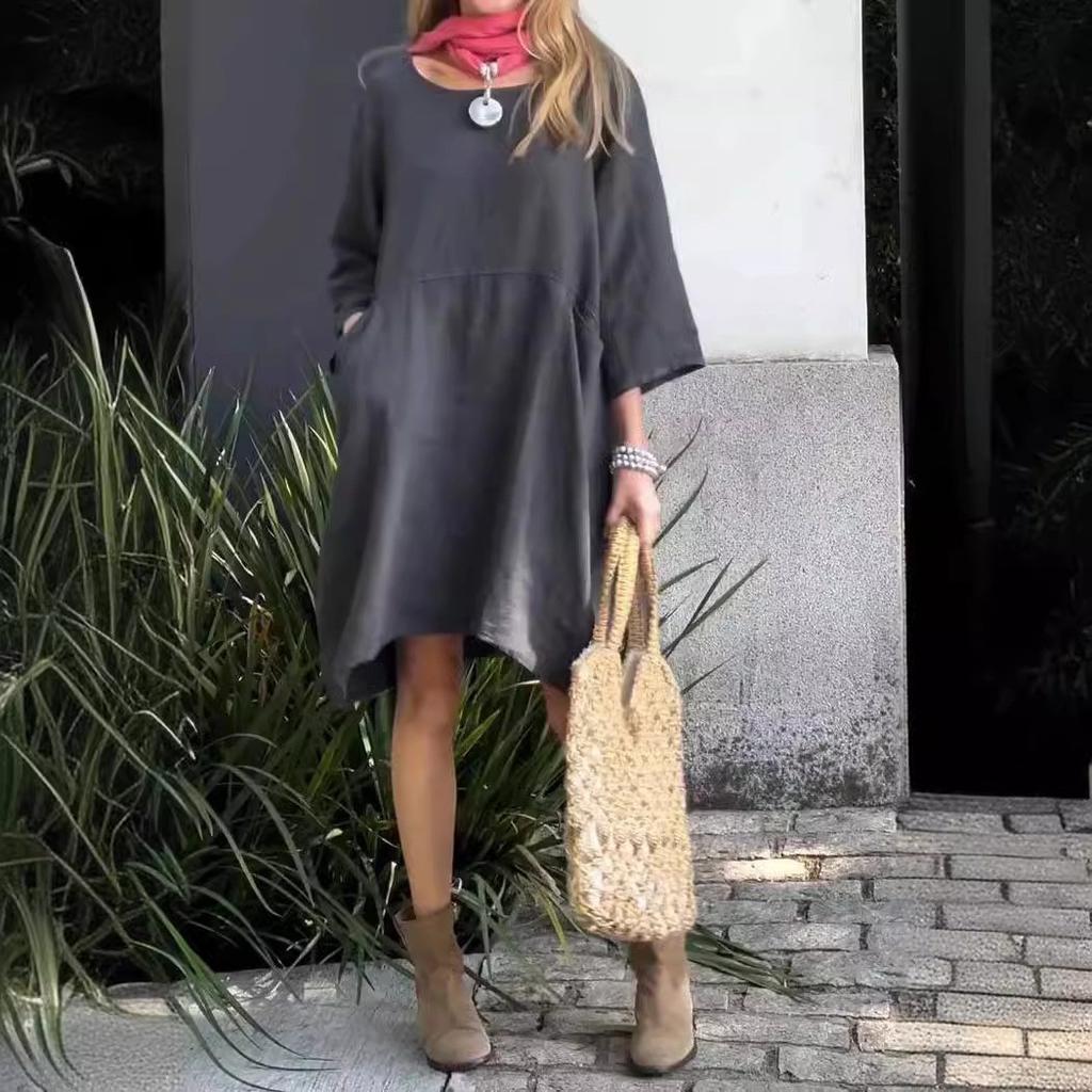 Summer Women's Loose Casual Pocket Solid Color Dress