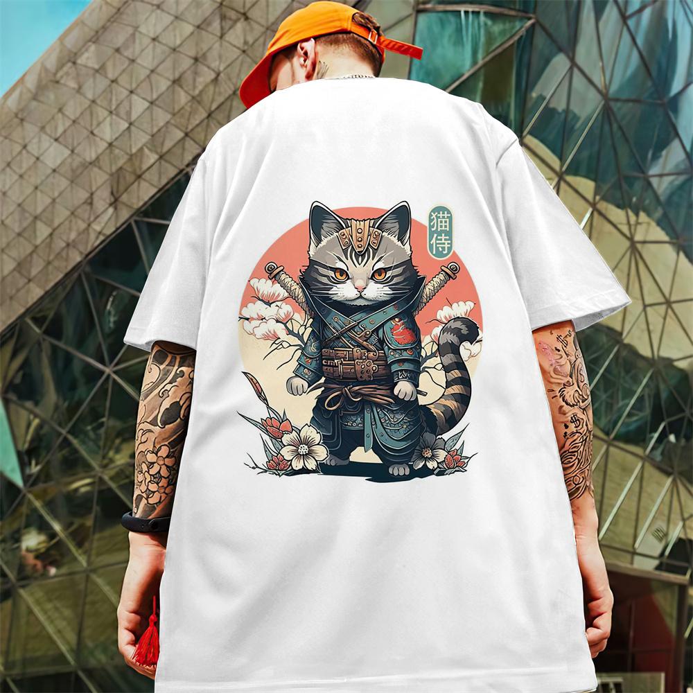 Новая мужская футболка с 3d самурайским котом, футболка с короткими рукавами, лето 2024, быстросохнущие повседневные футболки, топы, повседневная футболка большого размера для мужчин