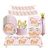 One First Happy Birthday Party Decorations Pink Flower Crown Disposable Tableware Baby Shower 1 Year Old Birthday Party Supplies
