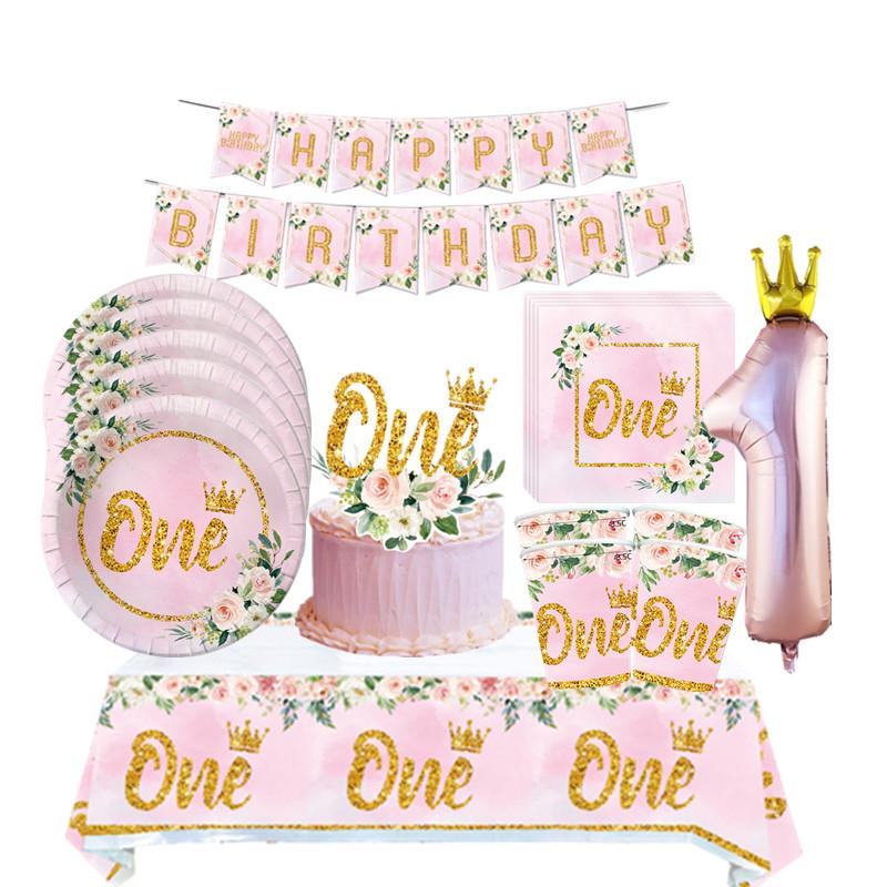 One First Happy Birthday Party Decorations Pink Flower Crown Disposable Tableware Baby Shower 1 Year Old Birthday Party Supplies