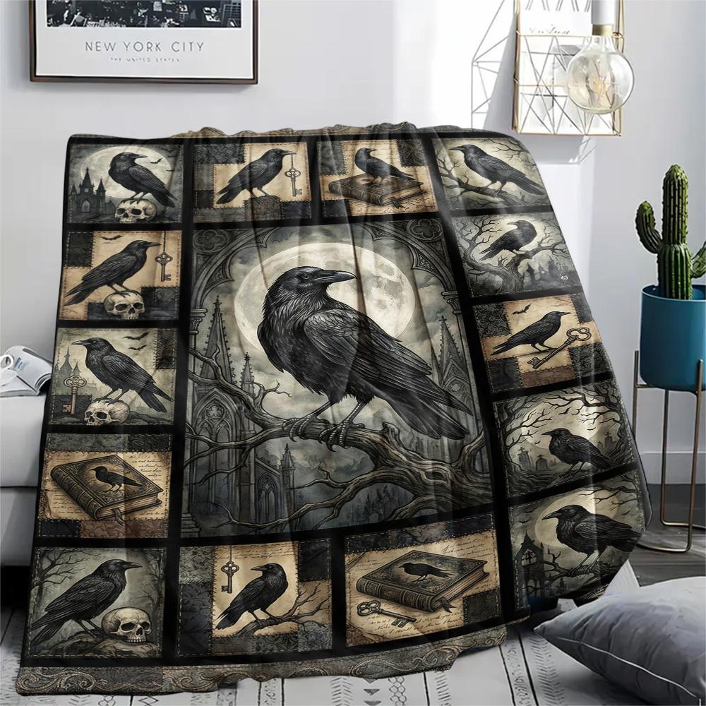 Crow Print Flannel Blanket, High quality Comfortable for All Seasons, Home Decor, Warmth and Comfort, Perfect for Christmas Gifts49