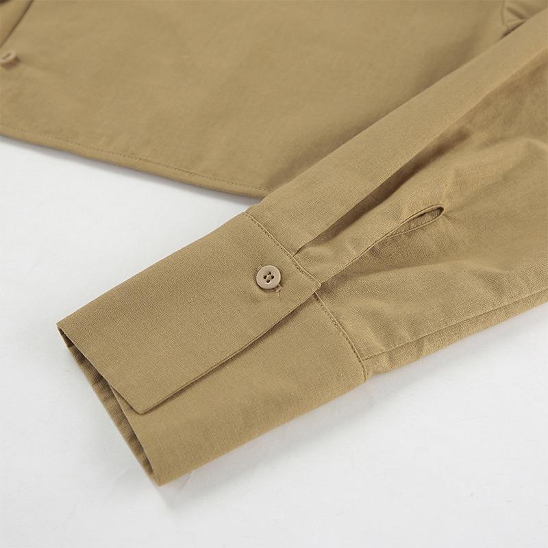 Khaki Cotton Linen Shorts Sets Women Spring Causal Long Sleeve Lapel Crop Shirt Lace-Up Wide Leg Shorts Simple Suits