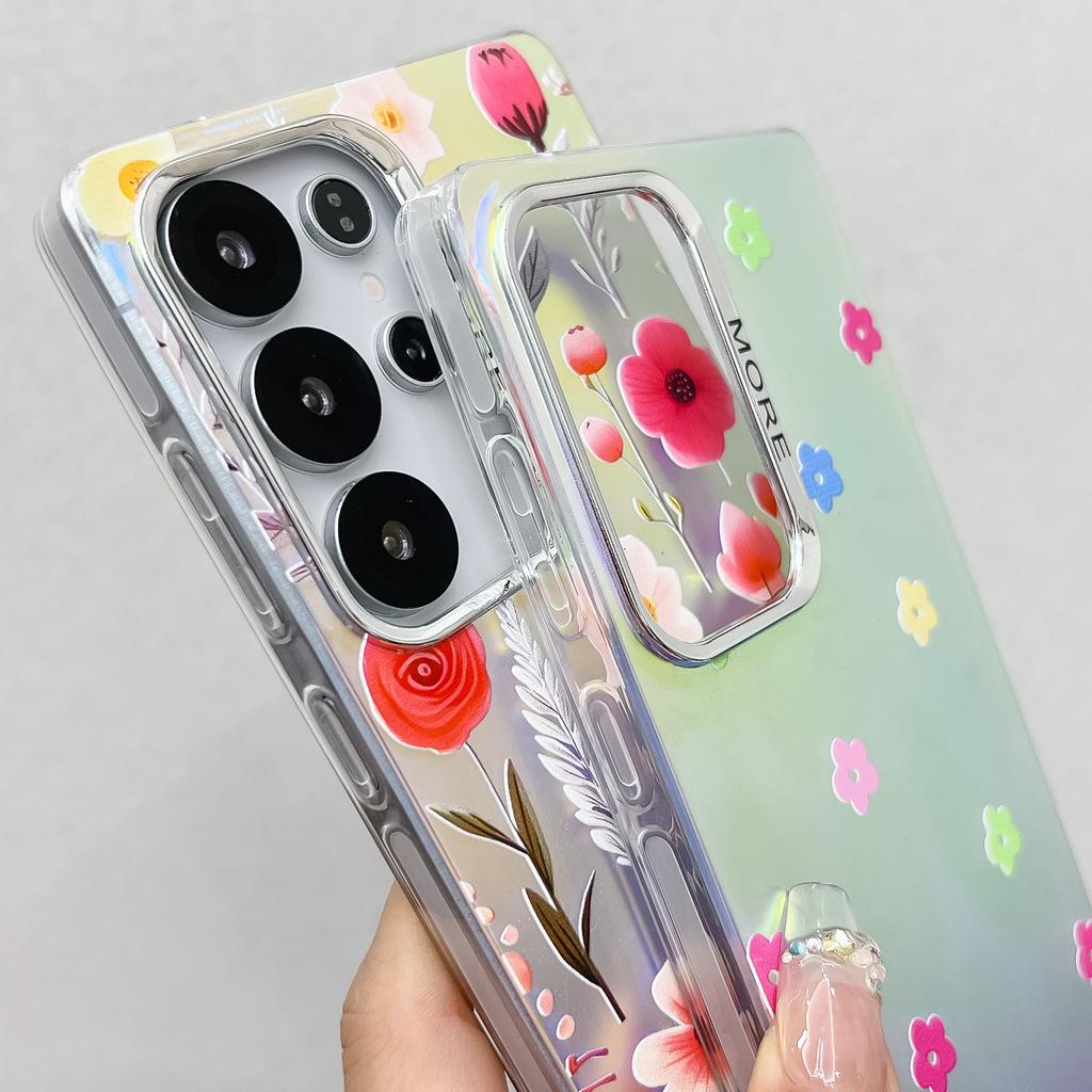 For Samsung Galaxy S24 Ultra Case Floral Pattern Electroplating Laser Texture TPU+PC Phone Back Cover