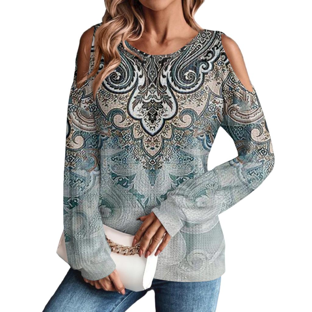 Women's Winter Oversized T-Shirt Fashionable Off-the-Shoulder Round Neck Vintage Floral Print Pullover Long-Sleeved Top