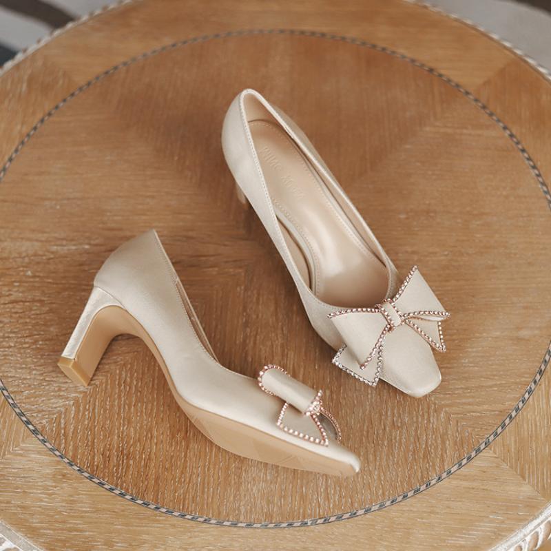 Fashion Fashionable and Minimalist Single Shoe Women's 2024 Spring New Bow Decoration Daily Versatile Shallow Cut Exquisite High Heels
