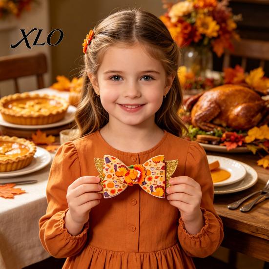 Festival Style Hair Accessories Thanksgiving Turkey Bow Clip for Girls, Decorative Pins, Maple Leaf Pins Double Layer Glitter Clip, Cute Autumn