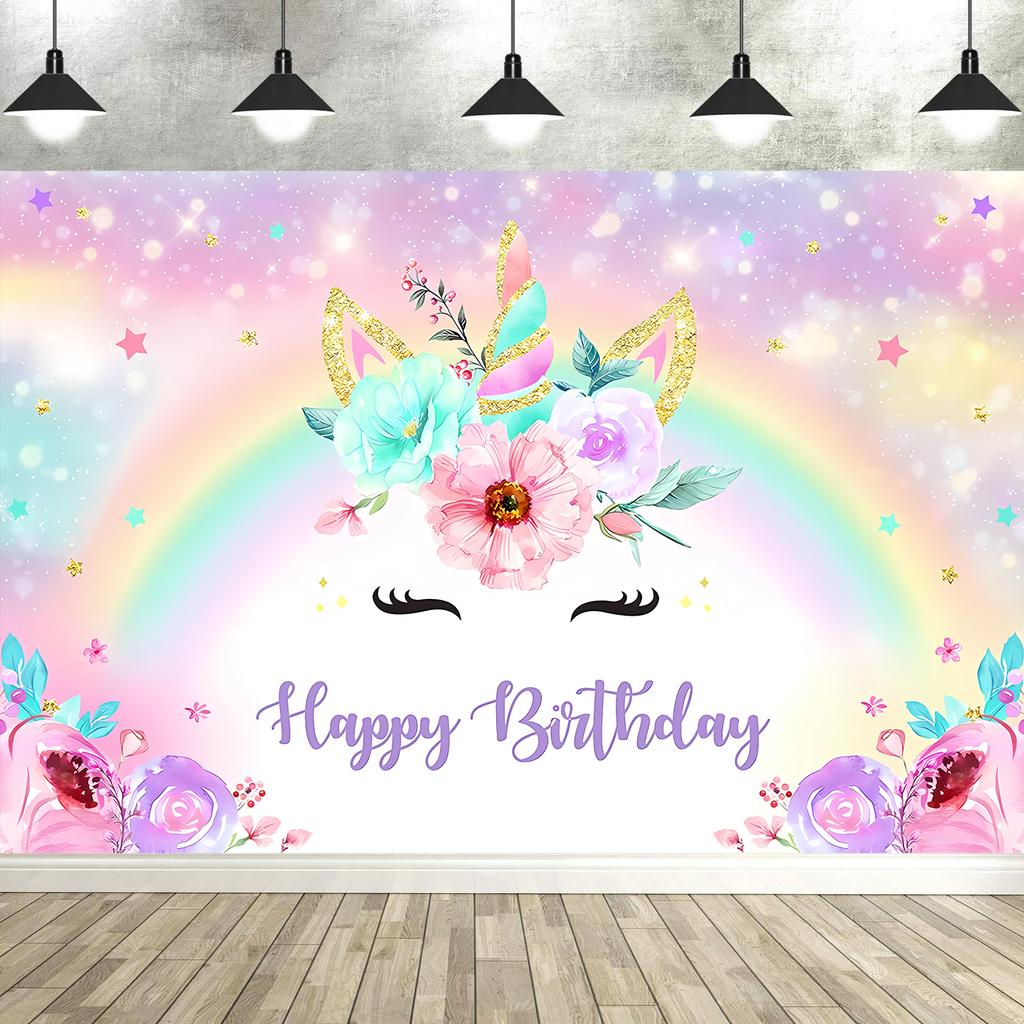 Enchanting Pink Unicorn Happy Birthday Backdrop, Polyester, No Power Needed, Perfect For Outdoor Celebrations & Magical Decor