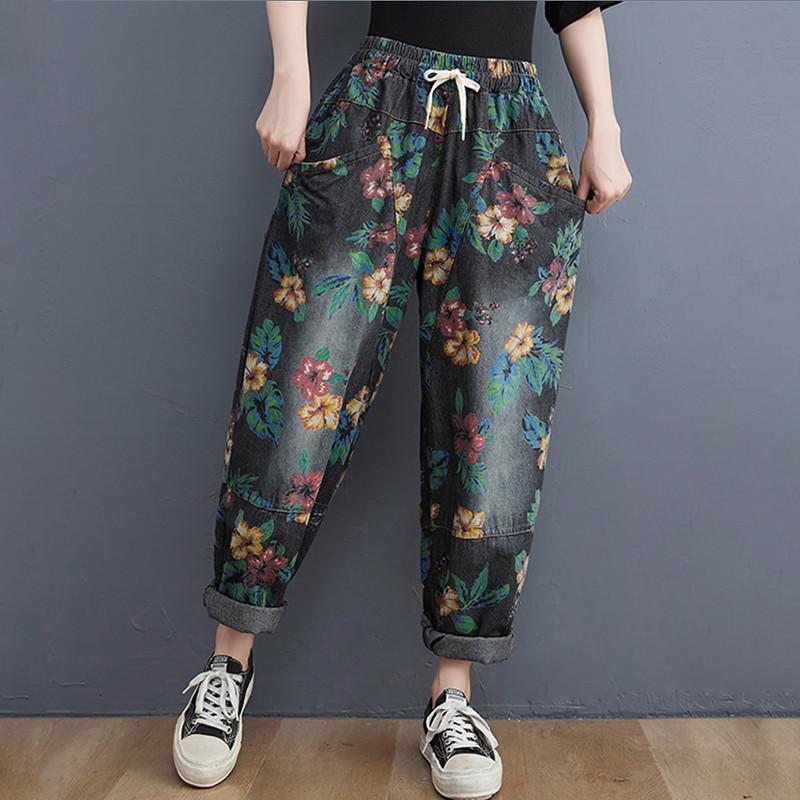 Осенне-зимние художественные ретро-принтованные свободные брюки большого размера харлан широкие брюки-морковки
