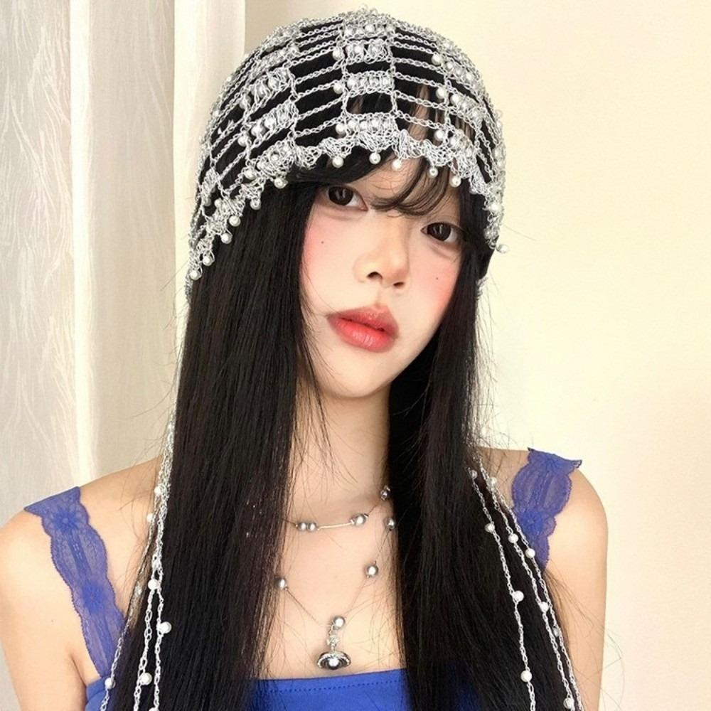 Shining Crystal Hollow Pullover Hats Bridal Head Ornament Pearl Hat Chain Beach Party