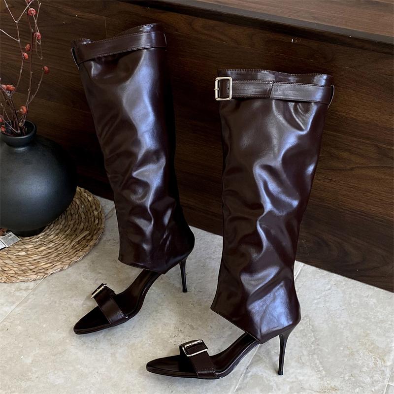 Модные Eilyken Новая Мода Пип-То Женские Сапоги до Колена Босоножки Дизайнерская Пряжка на Ремне Тонкий Высокий Каблук Гладиаторская Женская Обувь