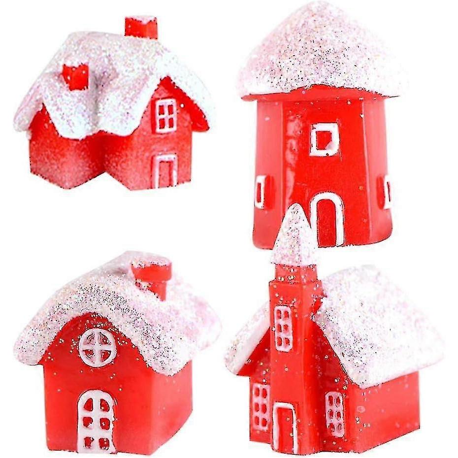Miniature Christmas Village Houses Mini Christmas Glitter Snow Villa House Ornaments Christmas Decoration For Dollhouse Fairy Garden4pcsred