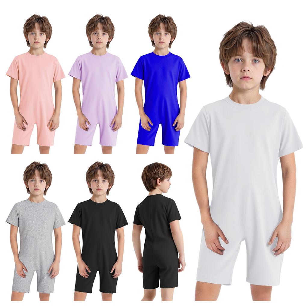Kids Girls Boys Adaptive Clothing Round Neck Short Sleeve Back Zipper Solid Color Jumpsuit