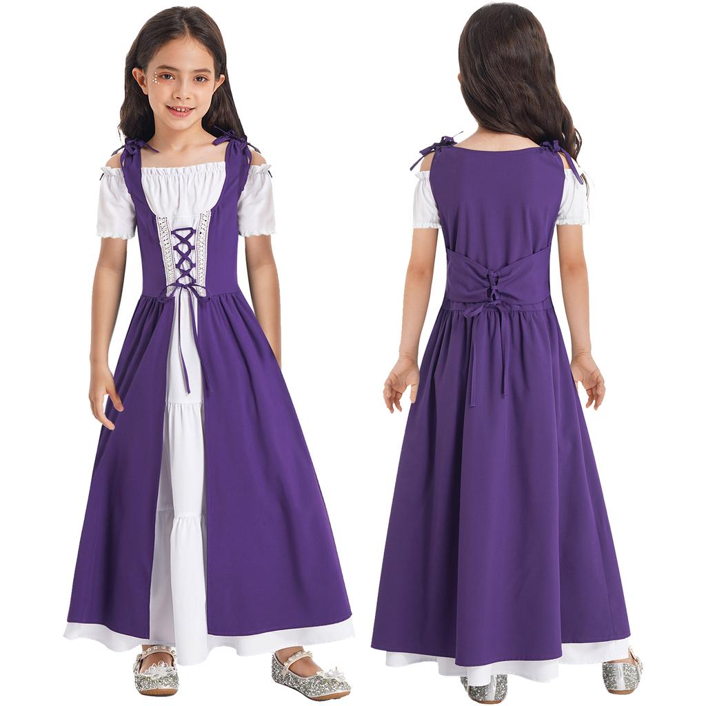 Kids Girls Renaissance Cosplay Medieval Dress Up Costumes Short Sleeve Adjustable Lace-up Gown Dress
