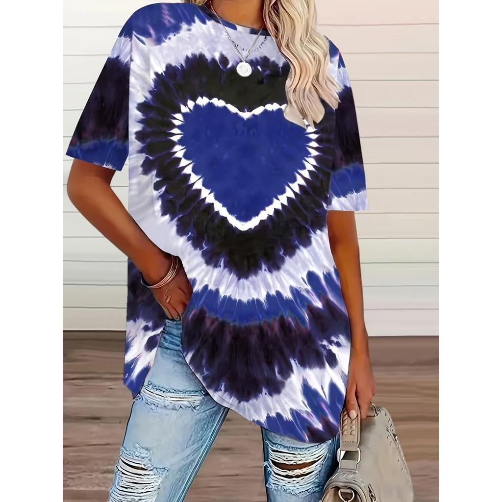 Новая женская футболка большого размера с принтом в виде сердца и tie-dye, повседневная футболка с коротким рукавом для весны и лета