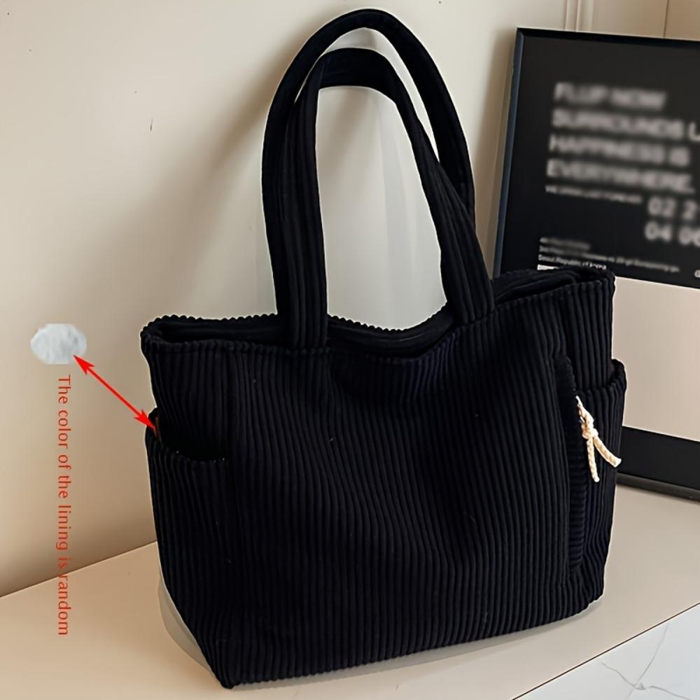A Casual Corduroy Handbag with Zip Closure, Lightweight and Large Capacity, Fixed Shoulder Strap and Polyester Lining, Solid Everyday Commuter Handbag