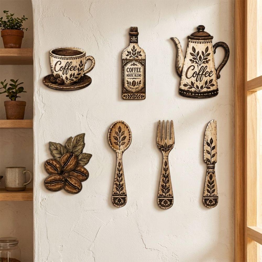 7Pcs Vintage Floral Coffee Element Wall Plaques Coffee Themed Dining Room Wall Decor Set Cafe