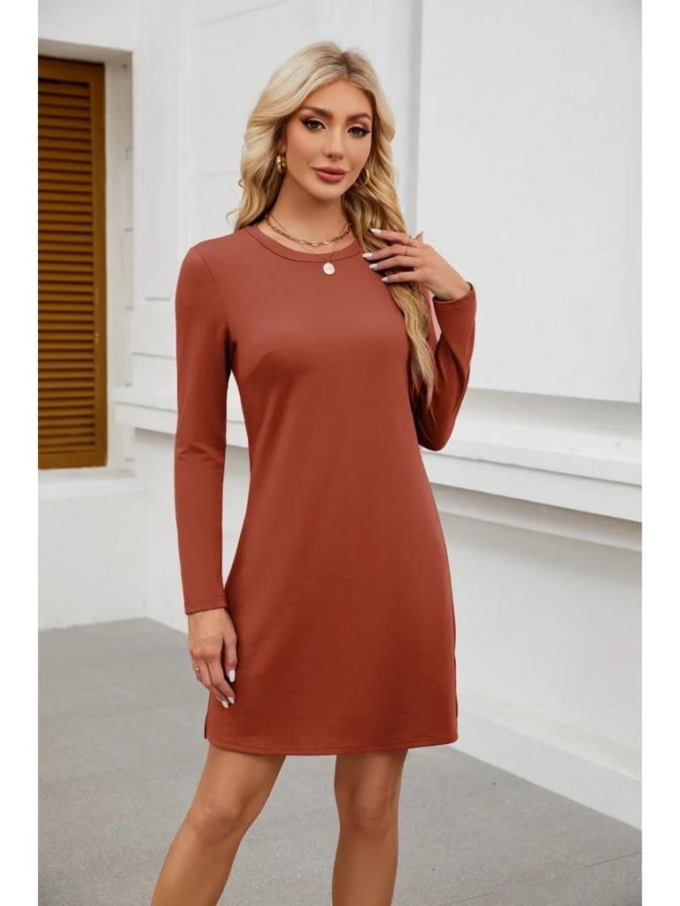 Женская толстовка с круглым вырезом и разрезом по низу, повседневное платье с длинными рукавами